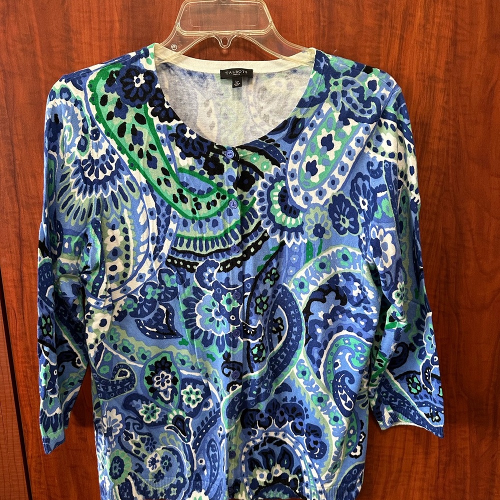 NWOT Talbots Paisley Blue and Green Women's Cardigan